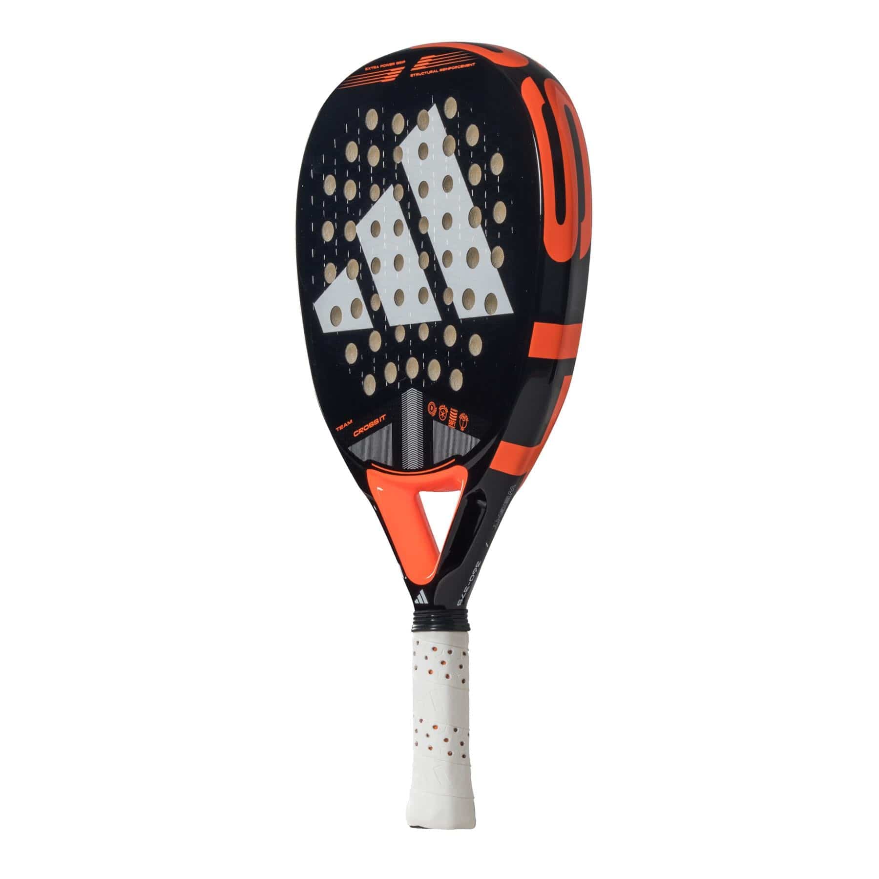 The adidas Cross It Team 3.4 Padel Racket in black and orange features a large white adidas logo, circular holes for power and control, plus a white grip with red dots—ideal for advanced padel racket players.