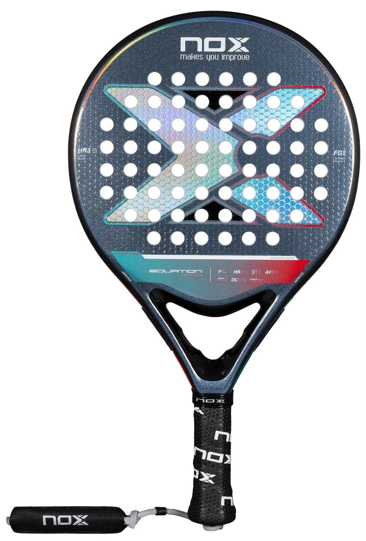 The NOX Equation Light W Advance Series padel racket features a large "X" face design, multiple circular holes, a black grip, and a sleek black and silver style, ideal for intermediate players. The "NOX" brand name is visible on the head and grip.