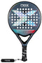 The NOX Equation Light W Advance Series padel racket features a large "X" face design, multiple circular holes, a black grip, and a sleek black and silver style, ideal for intermediate players. The "NOX" brand name is visible on the head and grip.