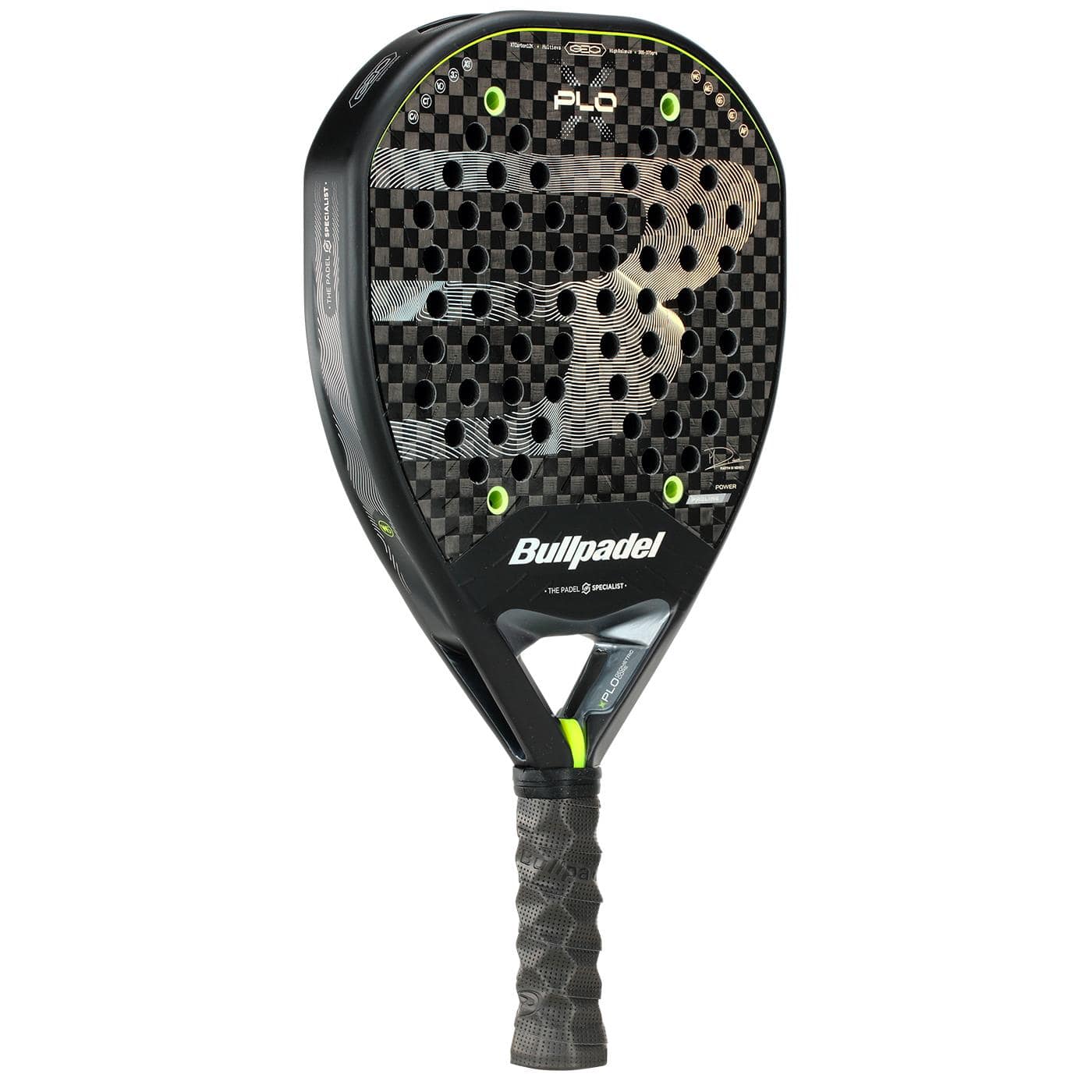 The Bullpadel XPLO 2026 Padel Racket by Bullpadel, shown upright with handle down, features a black textured surface, green accents, and a perforated face—engineered for powerful performance in professional padel play.