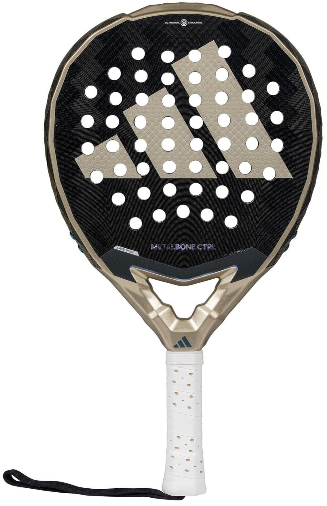 The adidas Metalbone CTRL 3.4 Padel Racket features a black and gold design with a white perforated surface, white grip, wrist strap, large logo in the center, and an innovative Weight and Balance System.