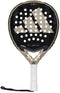The adidas Metalbone CTRL 3.4 Padel Racket features a black and gold design with a white perforated surface, white grip, wrist strap, large logo in the center, and an innovative Weight and Balance System.
