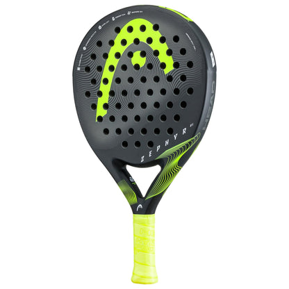 The HEAD Zephyr UL 2023 padel racket features a black and neon yellow design, Graphene 360+ technology, perforated face, curved lines, large Head logo, yellow grip, and the "Zephyr" name on the lower front.