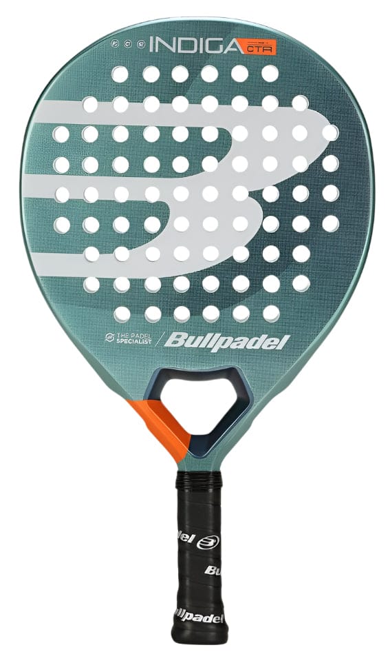 The Bullpadel Indiga Ctr 2025 Padel Racket by Bullpadel features a green and gray design with white holes, a large “B” graphic, orange accent near the throat, and a black handle—making it an excellent ultralight racket choice.