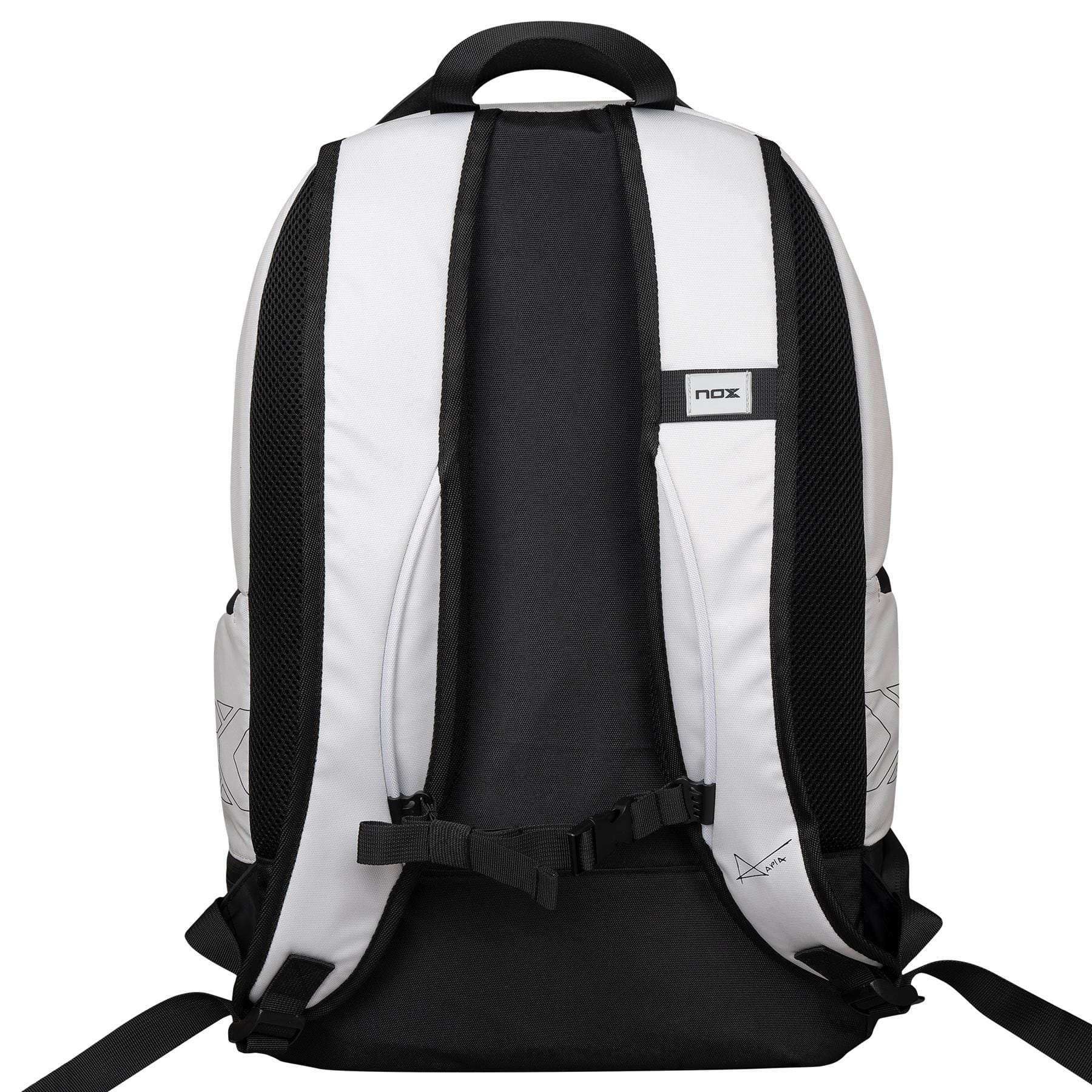 The NOX Luxury Master Series Padel Backpack in Black/White features padded shoulder straps, a carrying handle, a small NOX logo, mesh panels, and an adjustable chest strap—perfect as a sports backpack.