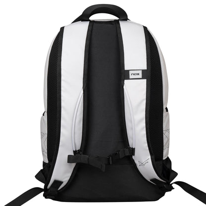 The NOX Luxury Master Series Padel Backpack in Black/White features padded shoulder straps, a carrying handle, a small NOX logo, mesh panels, and an adjustable chest strap—perfect as a sports backpack.