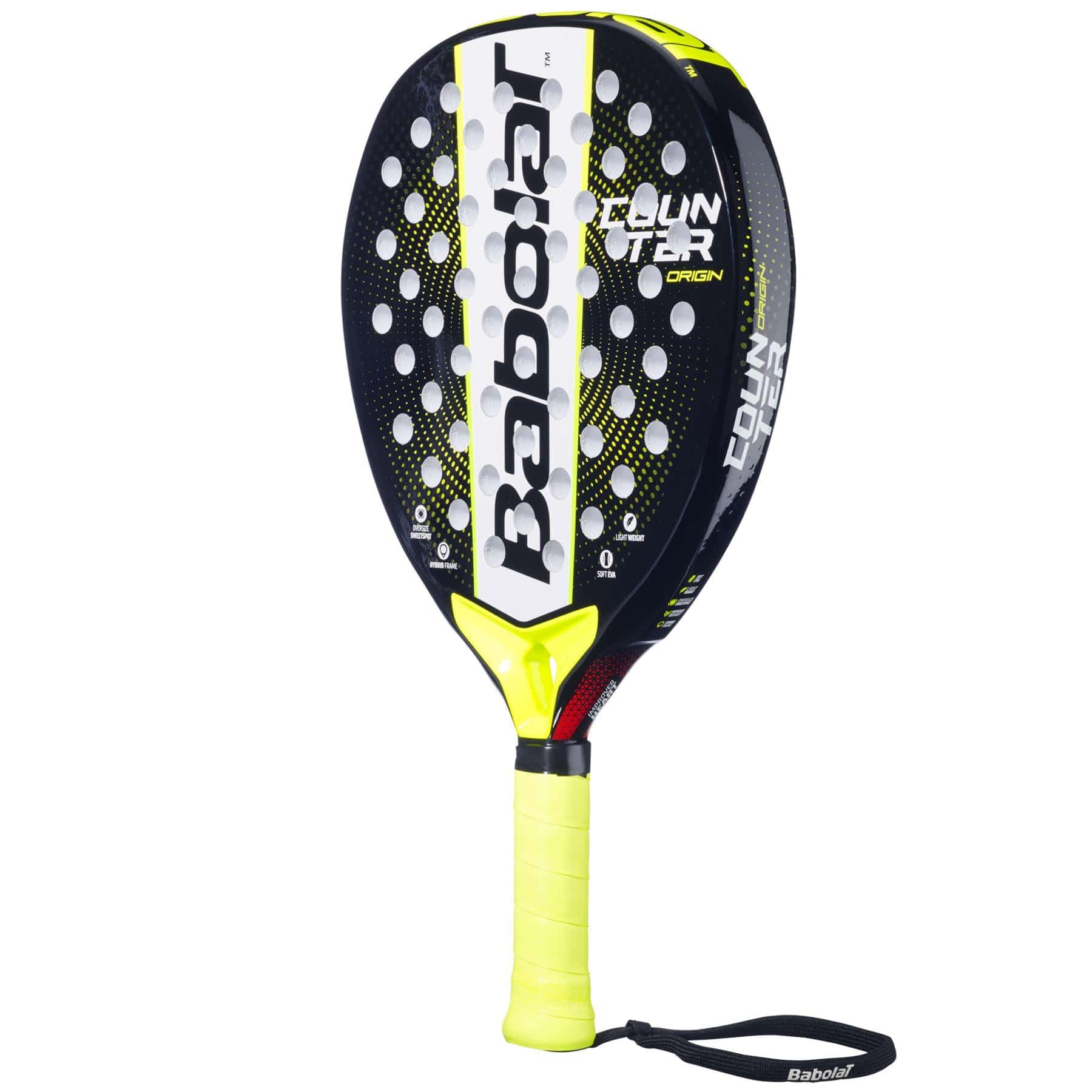 The Babolat Counter Origin Padel Racket by Babolat features a black, yellow, and white design with a perforated face, yellow grip, and black wrist strap with the logo. Ideal for beginners seeking control on the padel court.
