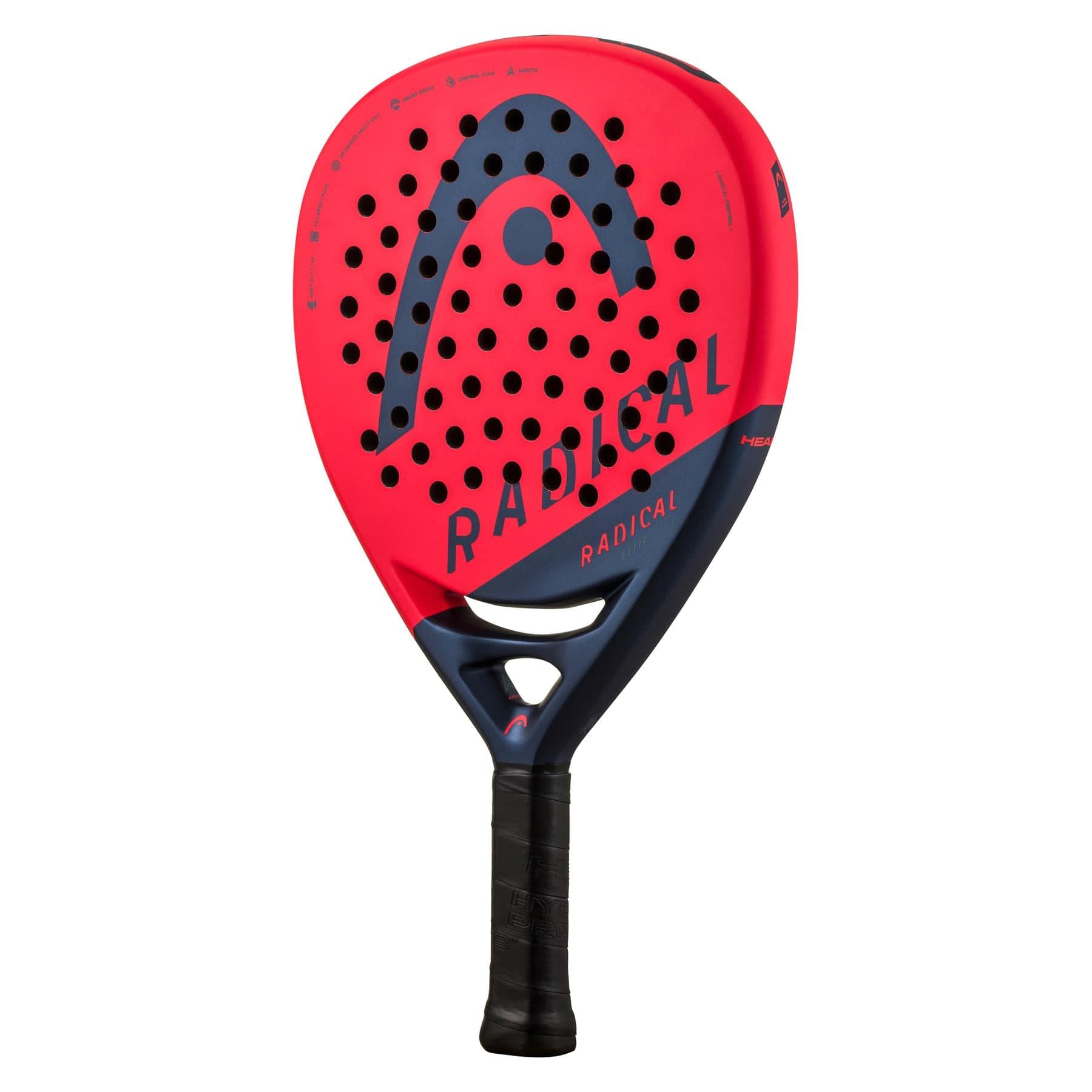 The HEAD Radical Elite 2024 Padel Racket from HEAD features a red and black teardrop design, perforated face with "RADICAL" printed diagonally, a black textured handle, and advanced Auxetic technology for superior performance.