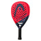 The HEAD Radical Elite 2024 Padel Racket from HEAD features a red and black teardrop design, perforated face with "RADICAL" printed diagonally, a black textured handle, and advanced Auxetic technology for superior performance.