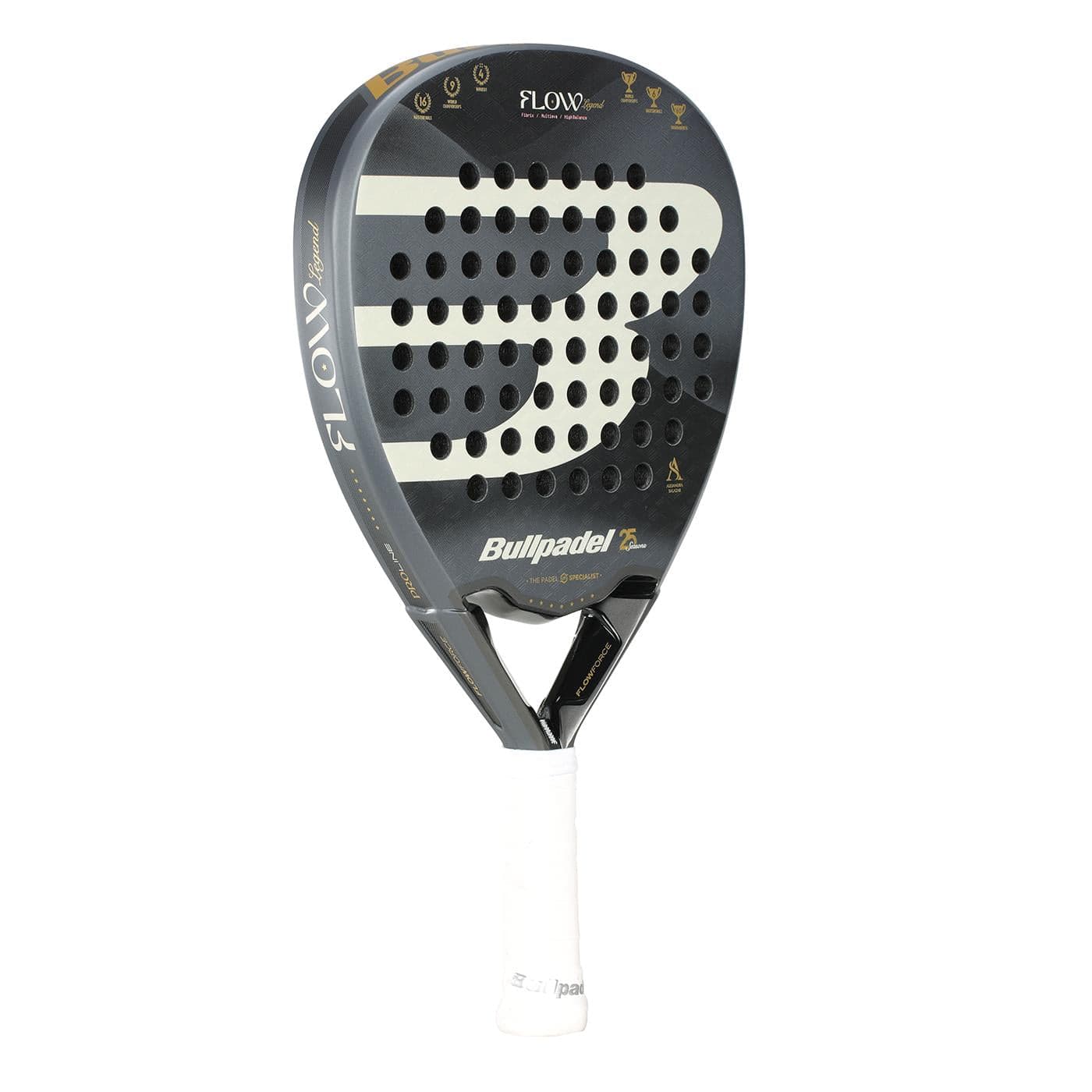 The Bullpadel Flow Legend 2026 Padel Racket by Bullpadel boasts Flowforce technology, a sleek black and gold look, circular hole pattern, and white grip—ideal as a women's padel racket.