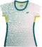 The Yonex YTL11 Womens Padel T-Shirt - White features a turquoise geometric pattern, teal side panels, yellow sleeve accents, and the Yonex logo on the chest—blending sporty style and comfort for women.
