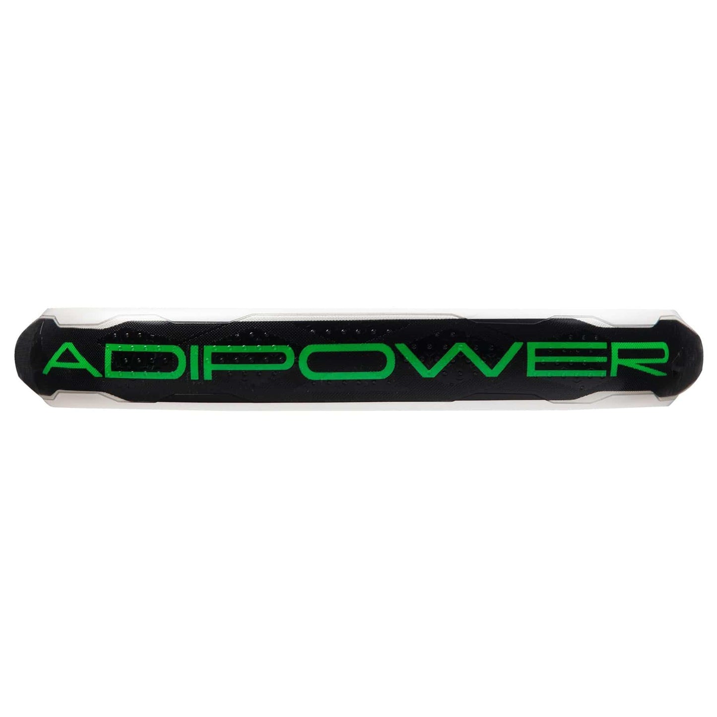 A black adidas sports bar featuring bold green "ADIPOWER" lettering, inspired by the ADIDAS Adipower Team Light 3.3 Padel Racket—a lightweight padel racket designed for maximum control.