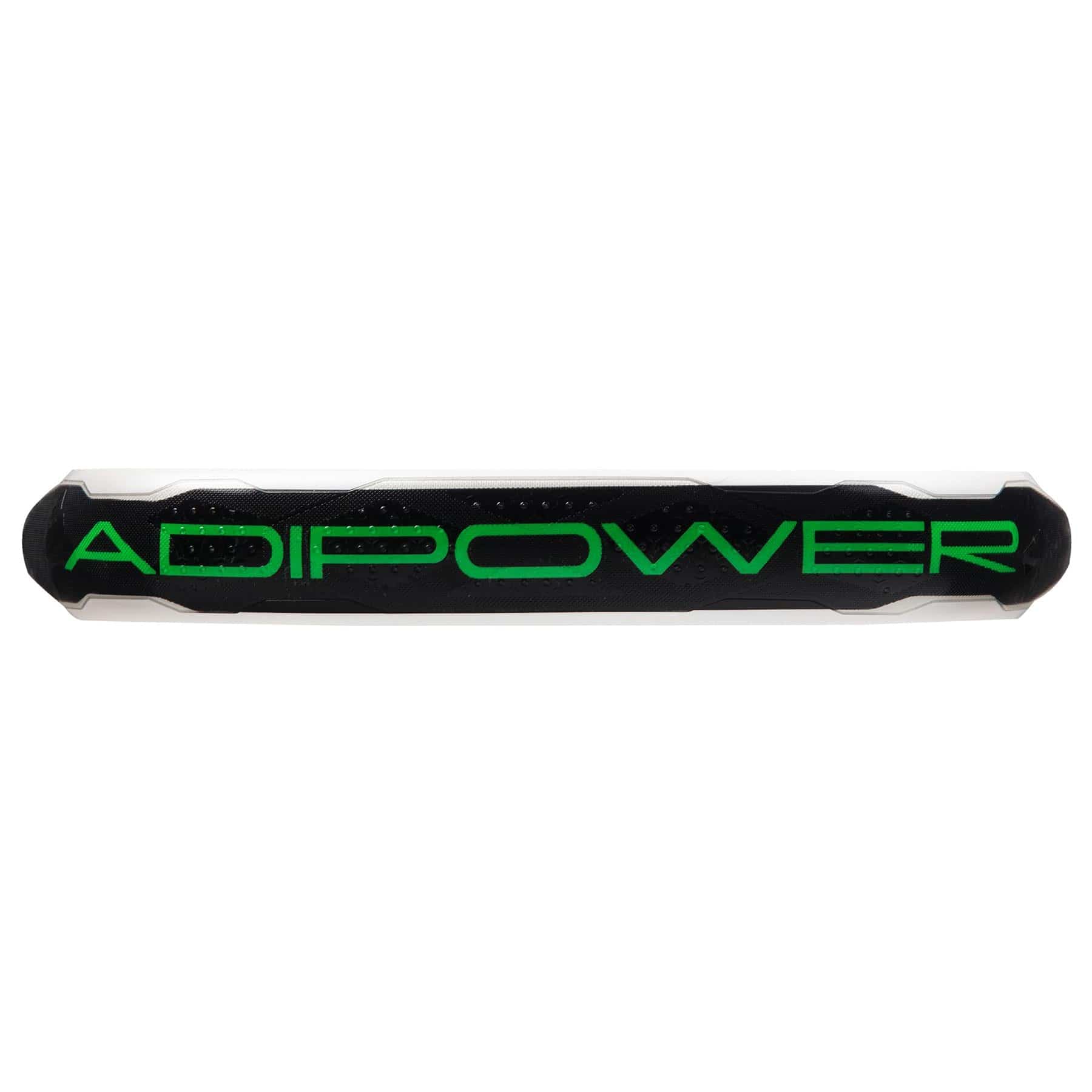 A black adidas sports bar featuring bold green "ADIPOWER" lettering, inspired by the ADIDAS Adipower Team Light 3.3 Padel Racket—a lightweight padel racket designed for maximum control.