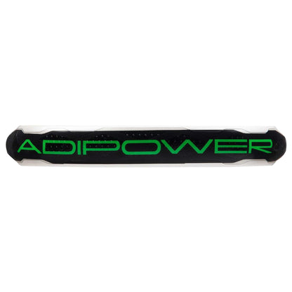 A black adidas sports bar featuring bold green "ADIPOWER" lettering, inspired by the ADIDAS Adipower Team Light 3.3 Padel Racket—a lightweight padel racket designed for maximum control.