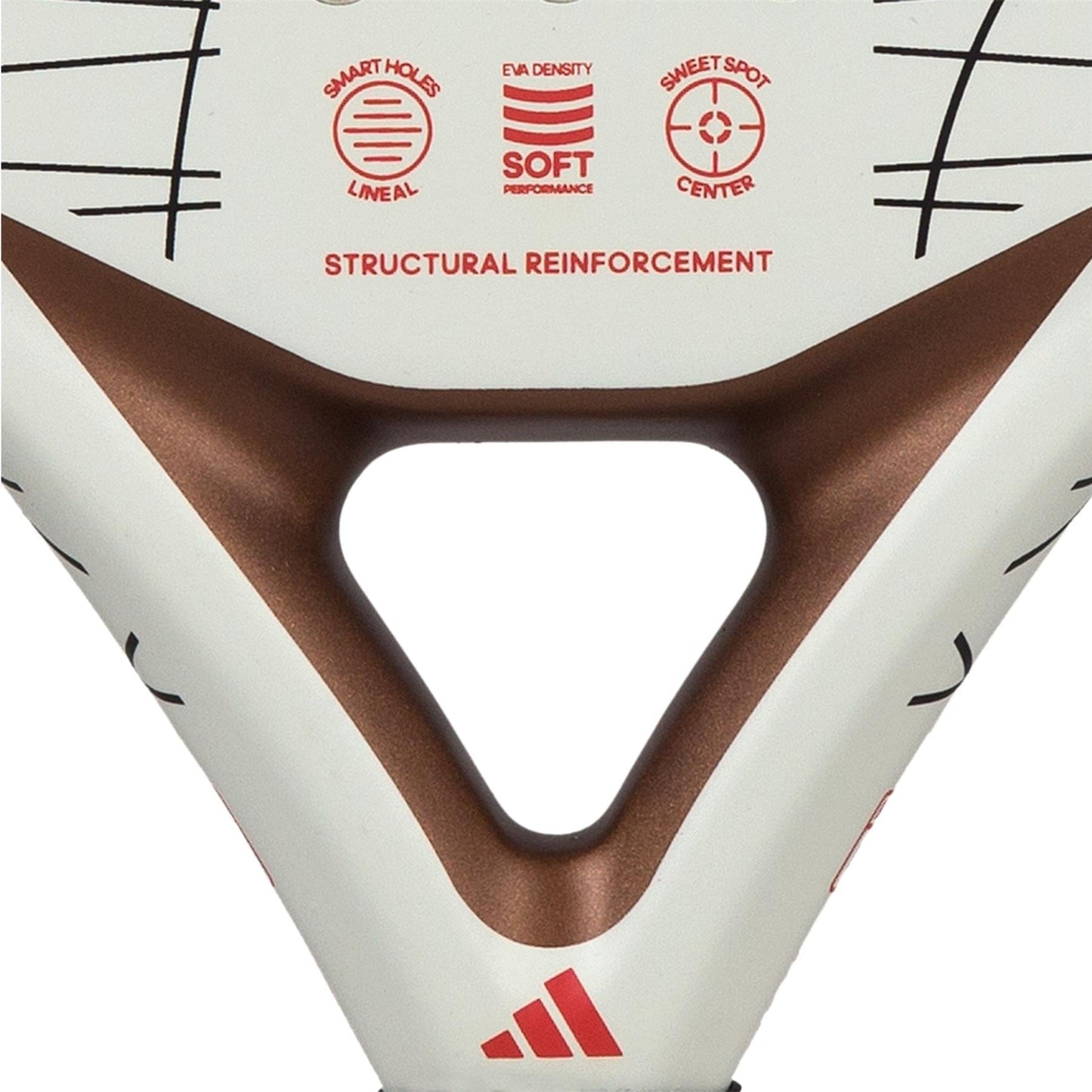 Close-up of the adidas Drive 3.3 Vintage Padel Racket featuring a triangular hole, bronze and white design, and icons for "Smart Holes Lineal," "Soft Performance," and "Sweet Spot Center"—ideal for beginner control.
