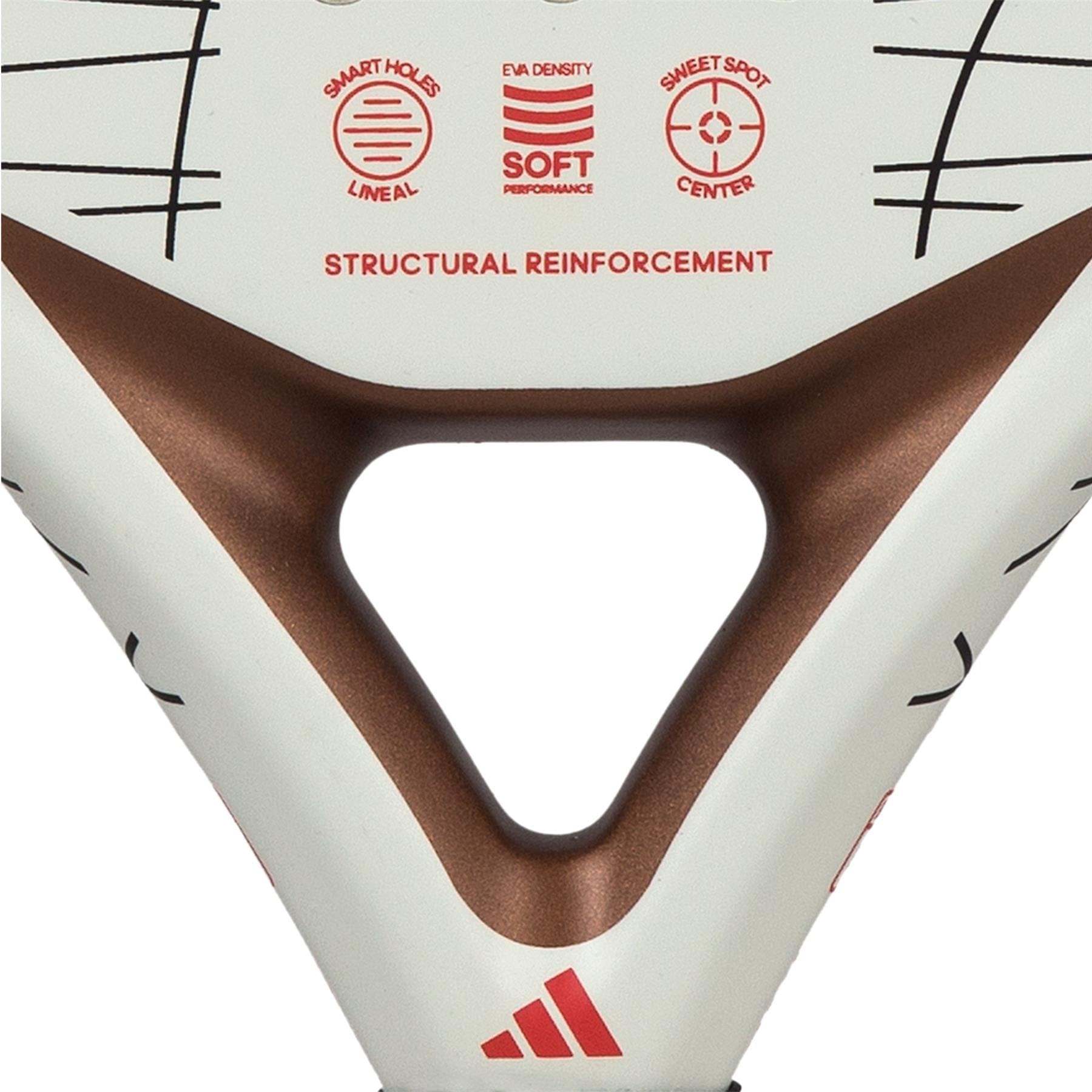 Close-up of the adidas Drive 3.3 Vintage Padel Racket featuring a triangular hole, bronze and white design, and icons for "Smart Holes Lineal," "Soft Performance," and "Sweet Spot Center"—ideal for beginner control.