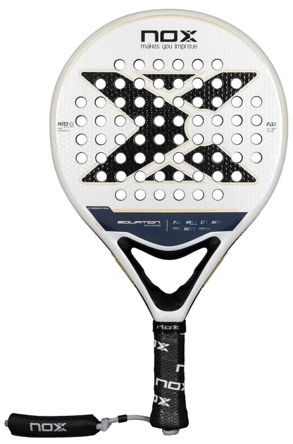 The NOX Equation Advance Series Padel Racket features a white design with black and gold accents, a central "X," multiple round holes, and a black NOX-branded grip—perfect for intermediate players seeking both style and performance.