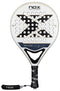 The NOX Equation Advance Series Padel Racket features a white design with black and gold accents, a central "X," multiple round holes, and a black NOX-branded grip—perfect for intermediate players seeking both style and performance.