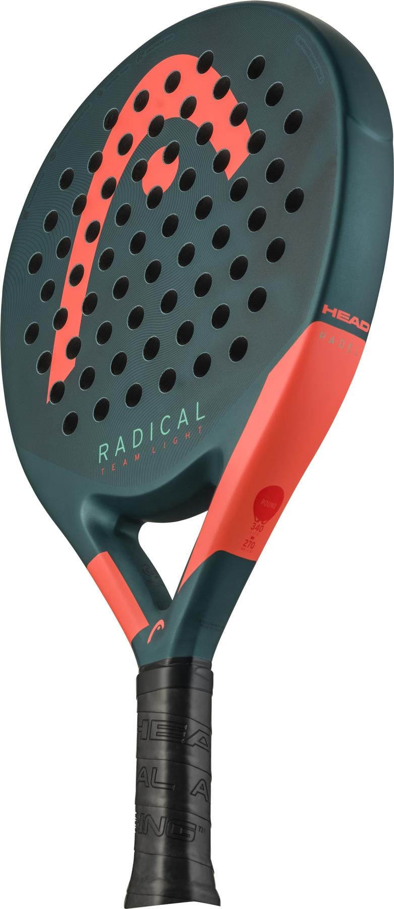 A close-up of the lightweight HEAD Radical Team Light 2026 Padel Racket, featuring a teal frame, orange accents, circular holes on the hitting surface, black grip tape on the handle, and visible “Radical” branding.