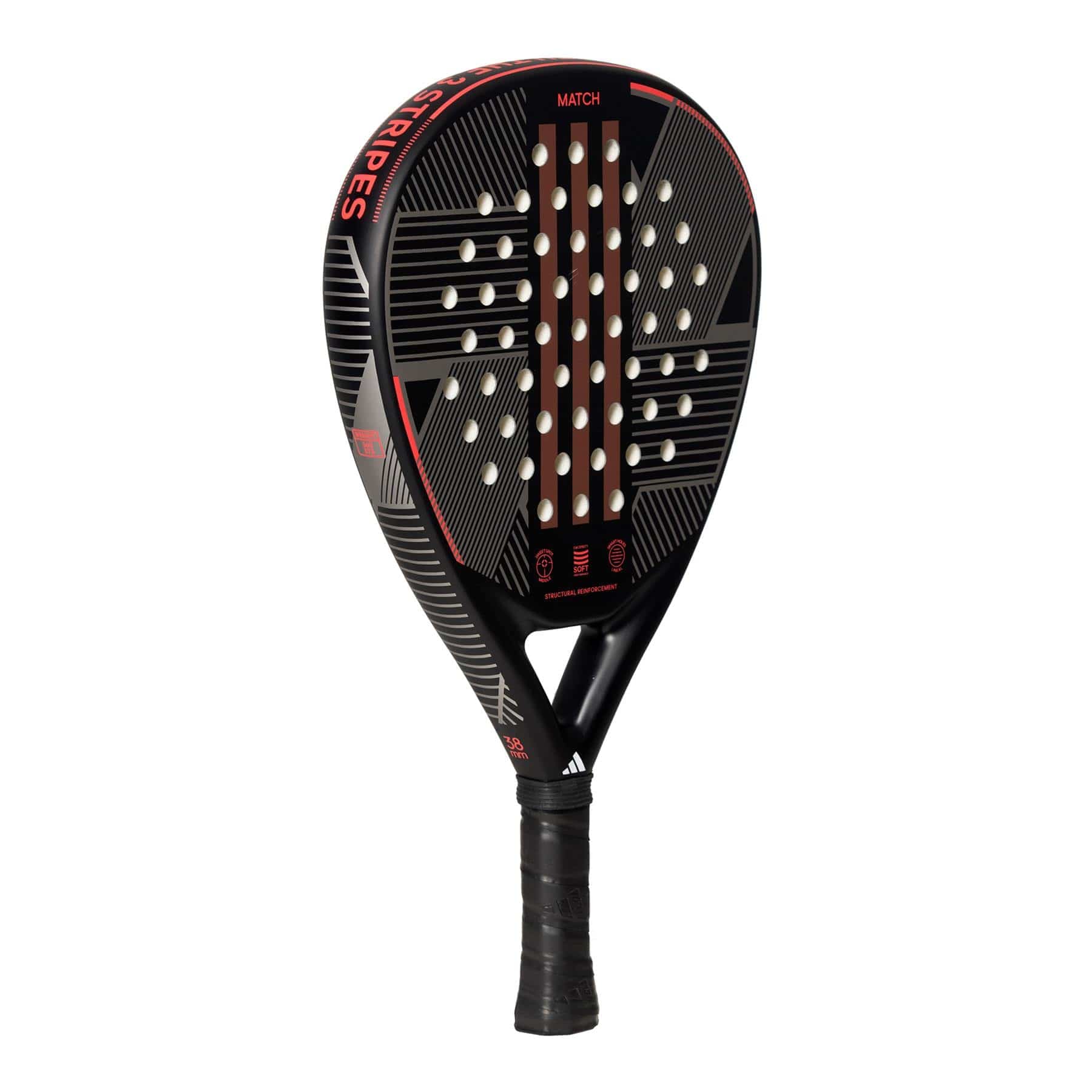 The adidas Match 3.3 Black / Red Padel Racket features a teardrop shape, geometric line patterns, white circular holes, and a wrapped handle—making it an ideal choice for beginners.