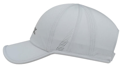 The NOX Padel Cap - Grey by NOX features a lightweight, breathable design with subtle perforations, a curved brim, stitched panels, side geometric logo, and an adjustable velcro strap for a secure fit.