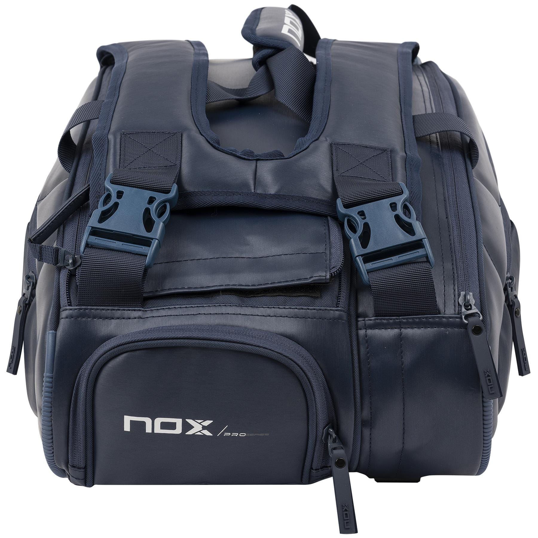 The NOX Pro Series Padel Racket Bag - Blue features black zippers, padded shoulder straps, a front pocket with a white NOX logo, and ThermoTech technology for secure storage of athletic gear or padel rackets.