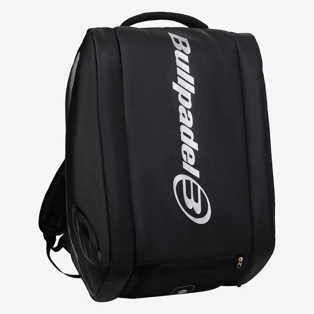 The Bullpadel BPP26001 Vertex Padel Racket Bag in black features a structured design with the Bullpadel logo in white, top handle, and side zipper pocket—perfect for carrying your padel equipment in style.