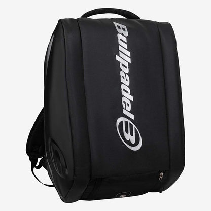 The Bullpadel BPP26001 Vertex Padel Racket Bag in black features a structured design with the Bullpadel logo in white, top handle, and side zipper pocket—perfect for carrying your padel equipment in style.
