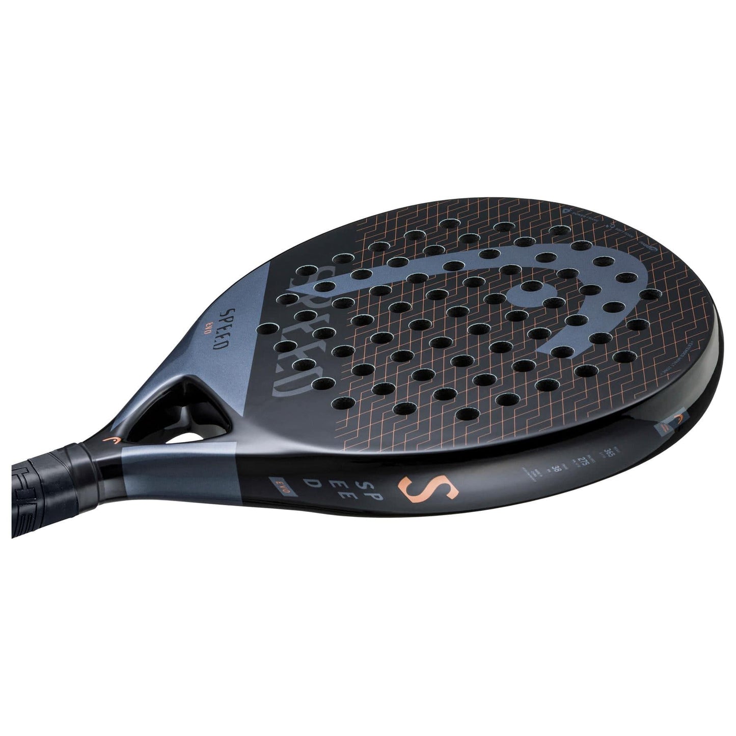 A close-up of the HEAD Evo Speed 2023 Padel Racket by HEAD, a beginner's paddle featuring orange accents, a perforated and textured surface for comfort and power, with branding visible on the blade and handle.