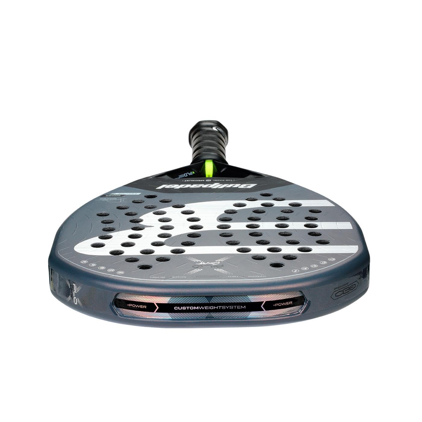 A close-up of the Bullpadel XPLO Comfort 2026 Padel Racket shows its perforated face, gripped handle, and bold Bullpadel branding—engineered for explosive power and standout comfort on the court.