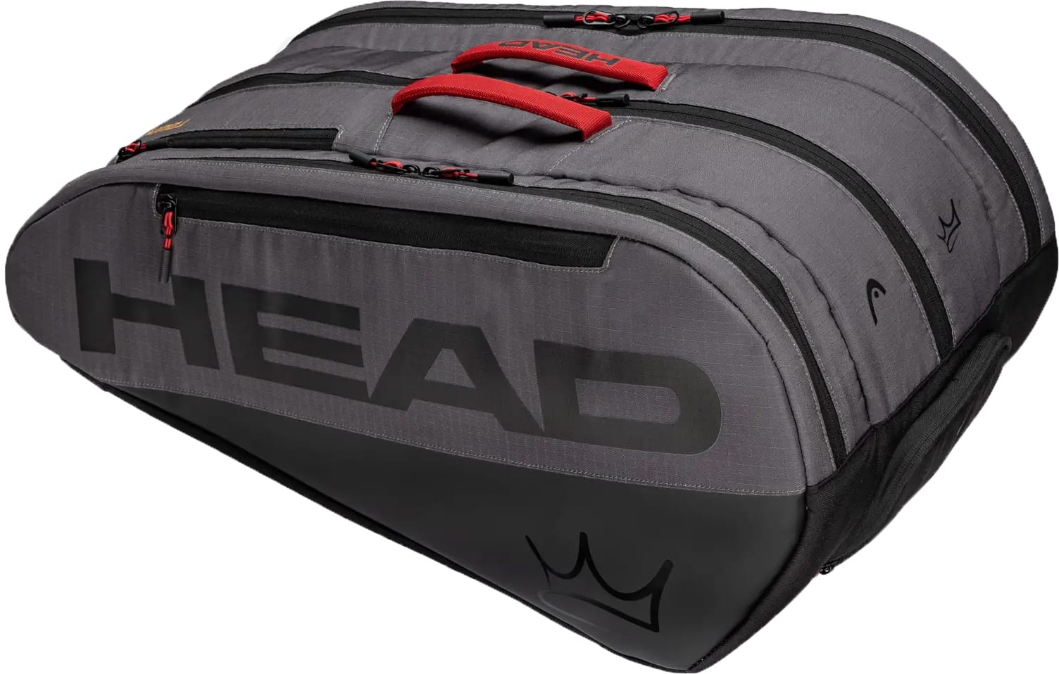 The HEAD Tour Padel Racket Bag L - Coello is a spacious gray and black bag with multiple zippered compartments, red handle grips, a bold HEAD logo, and a stylish crown graphic on the end panel.