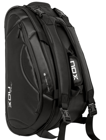 The NOX Pro Series Padel Racket Bag in black offers spacious storage, multiple compartments, and adjustable padded straps—perfect for carrying your sports equipment and gear.