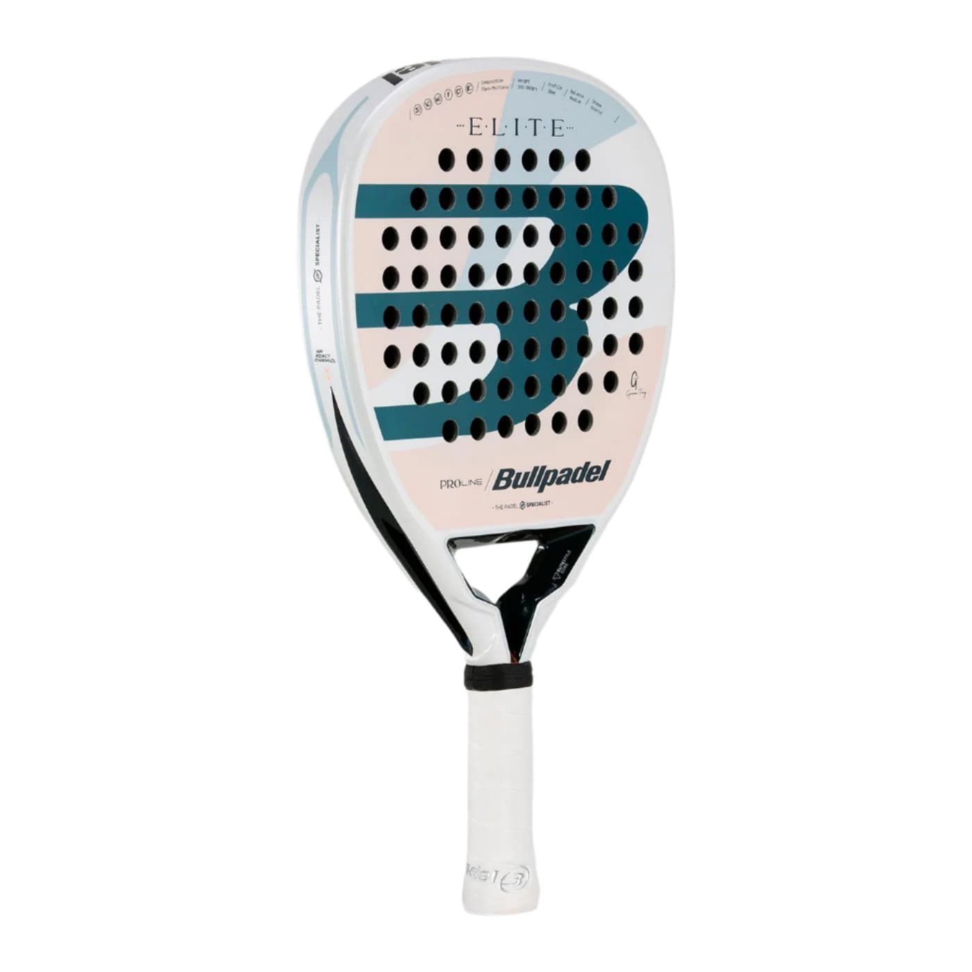 The Bullpadel Elite W 2025 Padel Racket by Bullpadel features a white and blue design, perforated face, and white grip, inspired by Gemma Triay, displayed against a plain white background.