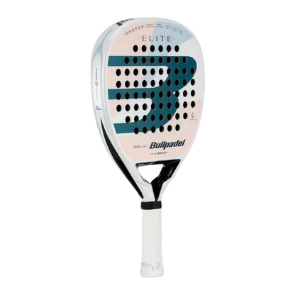The Bullpadel Elite W 2025 Padel Racket by Bullpadel features a white and blue design, perforated face, and white grip, inspired by Gemma Triay, displayed against a plain white background.