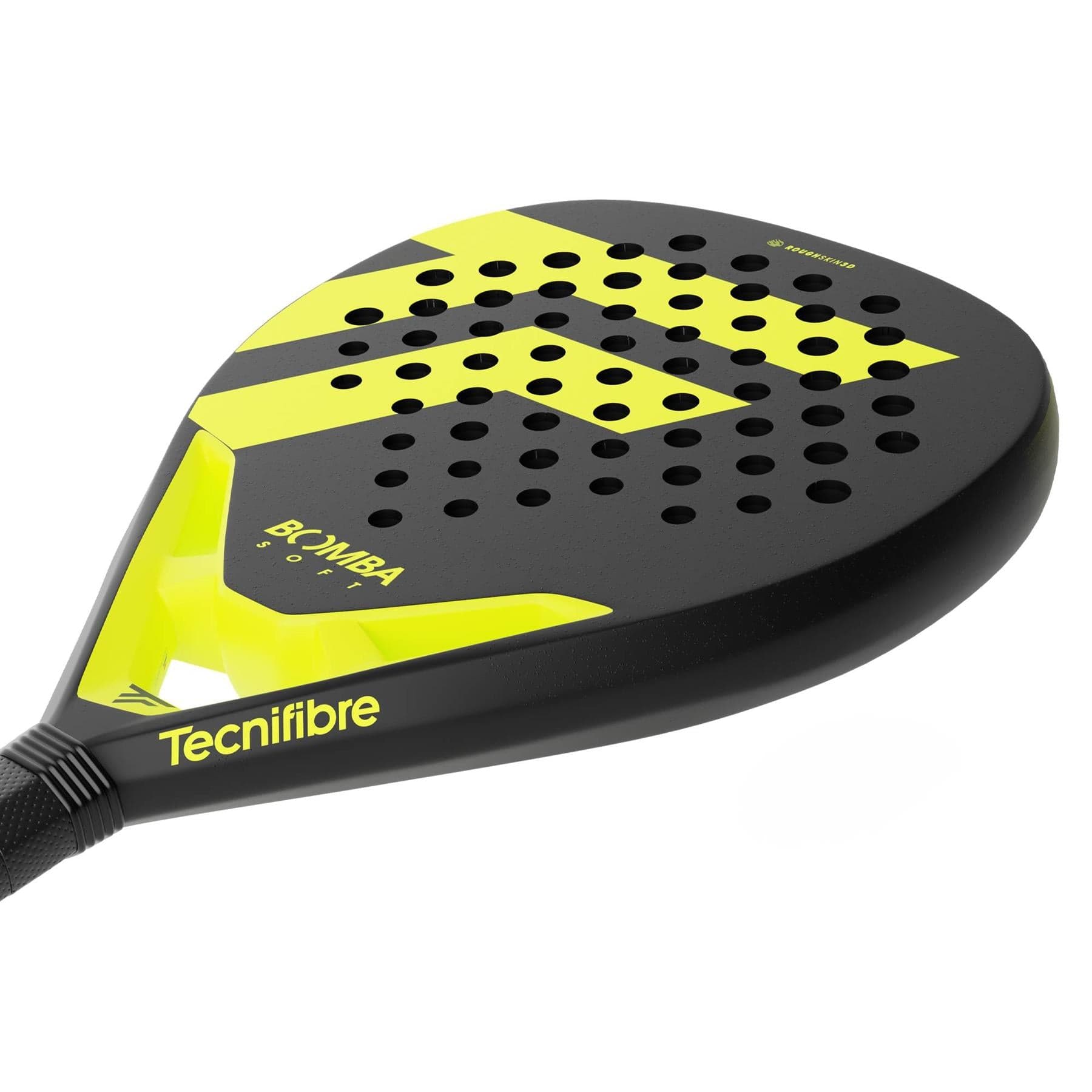 Close-up of the Tecnifibre Bomba Soft Padel Racket in black and yellow, featuring the "BOOMBA" model name and Tecnifibre logo—a comfortable fibreglass racket designed for precision play.