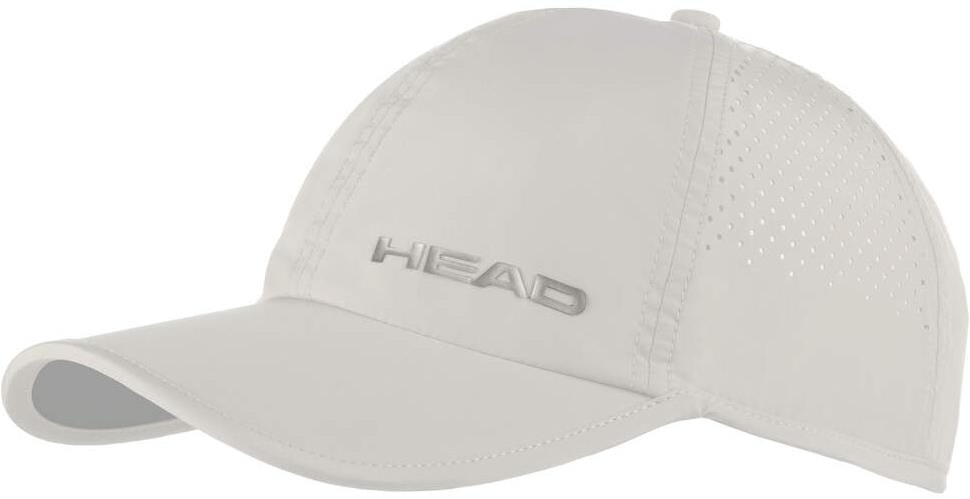 The HEAD Pro Player Padel Cap - White by HEAD features "HEAD" embroidery on the front, small side perforations for ventilation, and a lightweight design—ideal for padel tournaments.