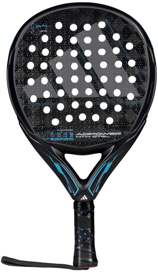 The adidas ADIDAS Adipower Multiweight CTRL 3.4 Padel Racket features a black round frame, blue accents, textured grip with wrist strap, multiple circular face holes, and an adjustable weight system for customizable play.
