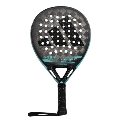 The adidas Cross It Light Padel Racket features a black and gray design with turquoise accents, textured Spin Blade Mold surface, circular perforations, black grip with wrist strap, and visible "CROSS IT LIGHT" logo on its lightweight face.
