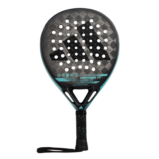 The adidas Cross It Light Padel Racket features a black and gray design with turquoise accents, textured Spin Blade Mold surface, circular perforations, black grip with wrist strap, and visible "CROSS IT LIGHT" logo on its lightweight face.