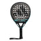 The adidas Cross It Light Padel Racket features a black and gray design with turquoise accents, textured Spin Blade Mold surface, circular perforations, black grip with wrist strap, and visible "CROSS IT LIGHT" logo on its lightweight face.