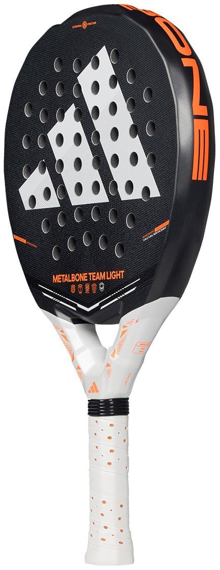 The adidas Metalbone Team Light 2026 Padel Racket is a black and white racket with orange accents and the brand’s logo—ideal for advanced padel players.
