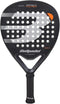 The Bullpadel Apex Power 2025 Padel Racket is a black, teardrop-shaped intermediate racket with white and orange accents, grip-taped handle, multiple face holes, and Bullpadel branding on the throat and handle.