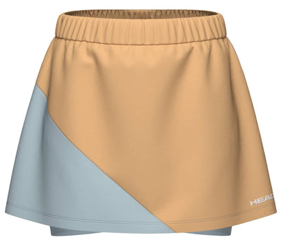 The HEAD Dynamic Womens Padel Skort in apricot and light blue features an elastic waistband, 4-way stretch for comfort, color block design, and a white HEAD logo near the hem.