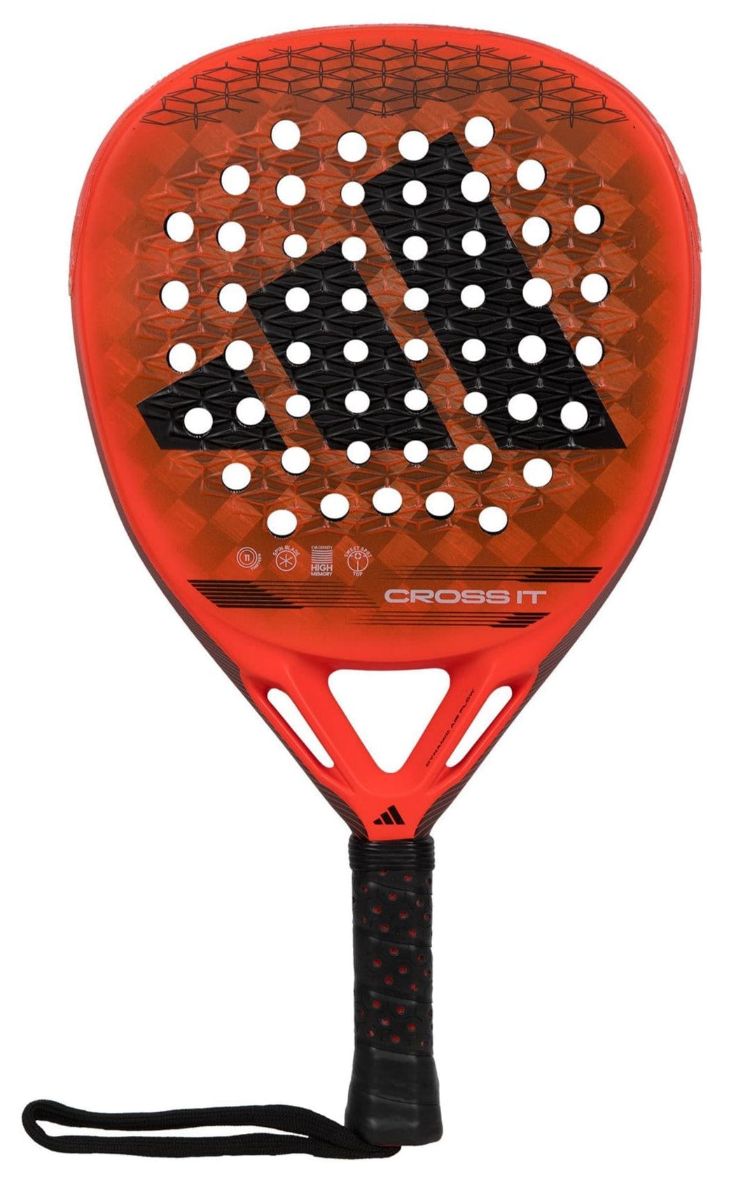 The adidas ADIDAS Cross It Padel Racket features a red and black geometric design, circular holes, a black handle with wrist strap, and “CROSS IT” near the throat—engineered by adidas for power and spin.