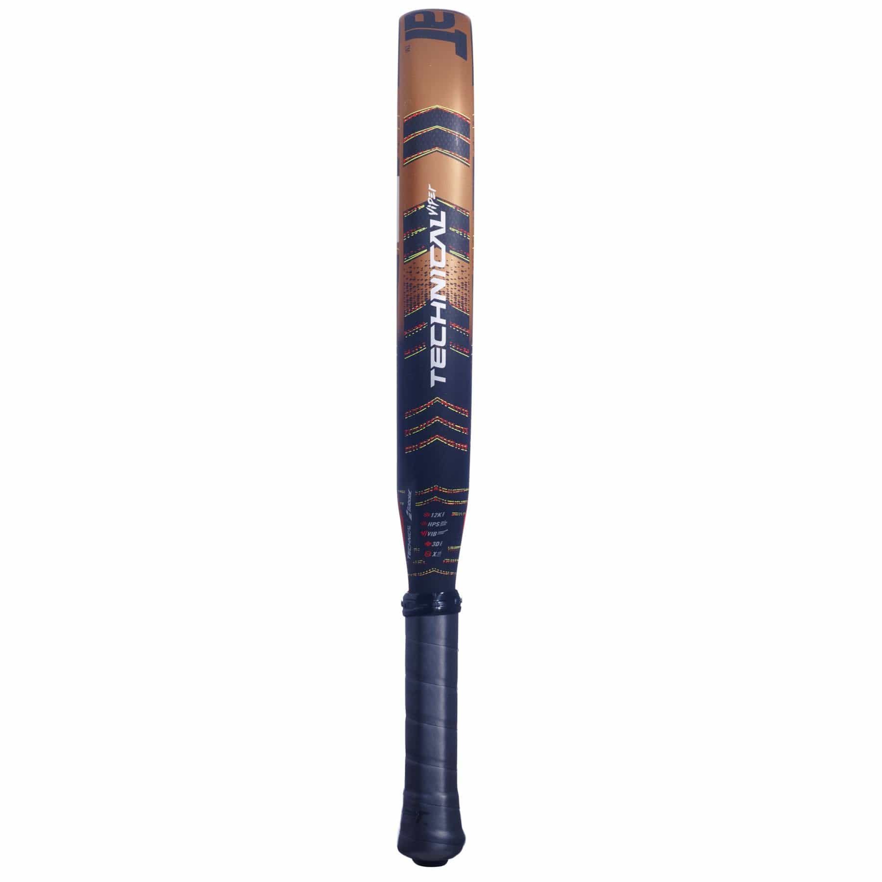 A metallic brown and blue Babolat Technical Viper Padel Racket, featuring a black textured grip handle and built-in vibration dampening for enhanced comfort.