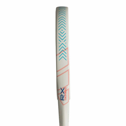 Side view of the adidas RX Series Light 3.4 Padel Racket - White, featuring blue chevron patterns, red diagonal lines, "RX SERIES" near the handle, and a lightweight design.