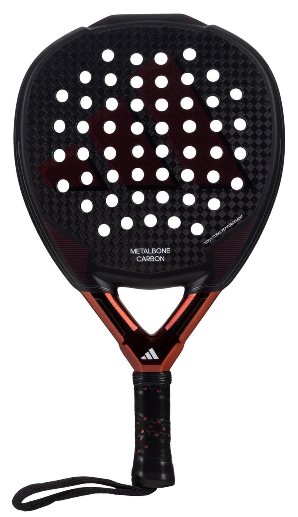 The adidas Metalbone Carbon 3.3 padel racket features a black and red design, perforated face, textured handle, wrist strap, and the adidas logo—ideal for advanced players seeking high performance.
