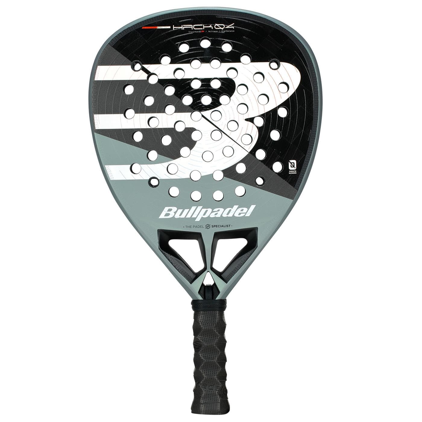 The Bullpadel HACK 04 2026 Padel Racket by Bullpadel has a black, white, and grey design with multiple round holes on the face and a textured black handle for powerful play.