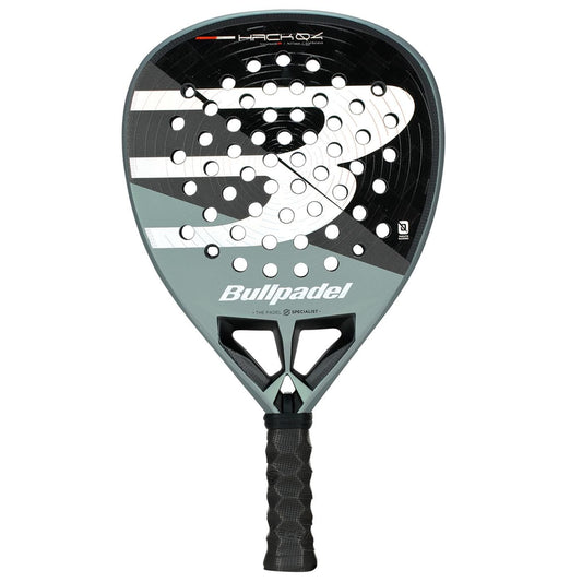 The Bullpadel HACK 04 2026 Padel Racket by Bullpadel has a black, white, and grey design with multiple round holes on the face and a textured black handle for powerful play.