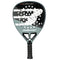 The Bullpadel HACK 04 2026 Padel Racket by Bullpadel has a black, white, and grey design with multiple round holes on the face and a textured black handle for powerful play.